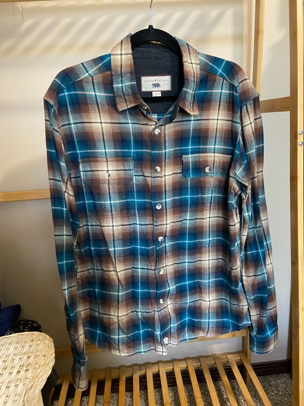 Dakota Grizzly Teal and Brown Plaid Long-Sleeve Button-Down Shirt